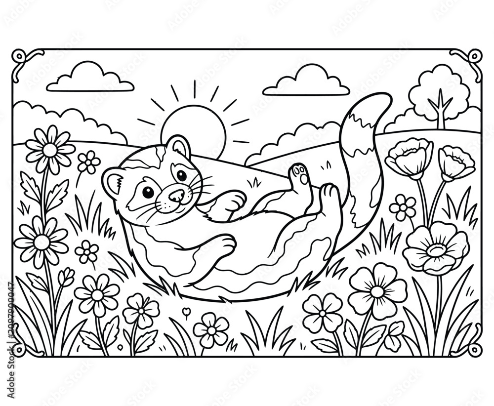 Fototapeta premium Playful ferret coloring page lying on back in field of flowers under bright morning sun.