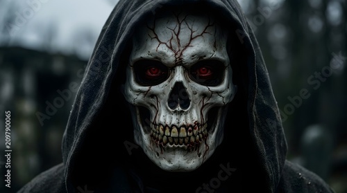 Closeup portrait of a terrifying skull figure wearing a dark hooded cloak in a dark forest setting