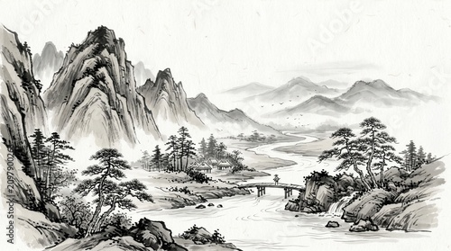 Ink wash painting of a landscape with mountains, river, and a bridge