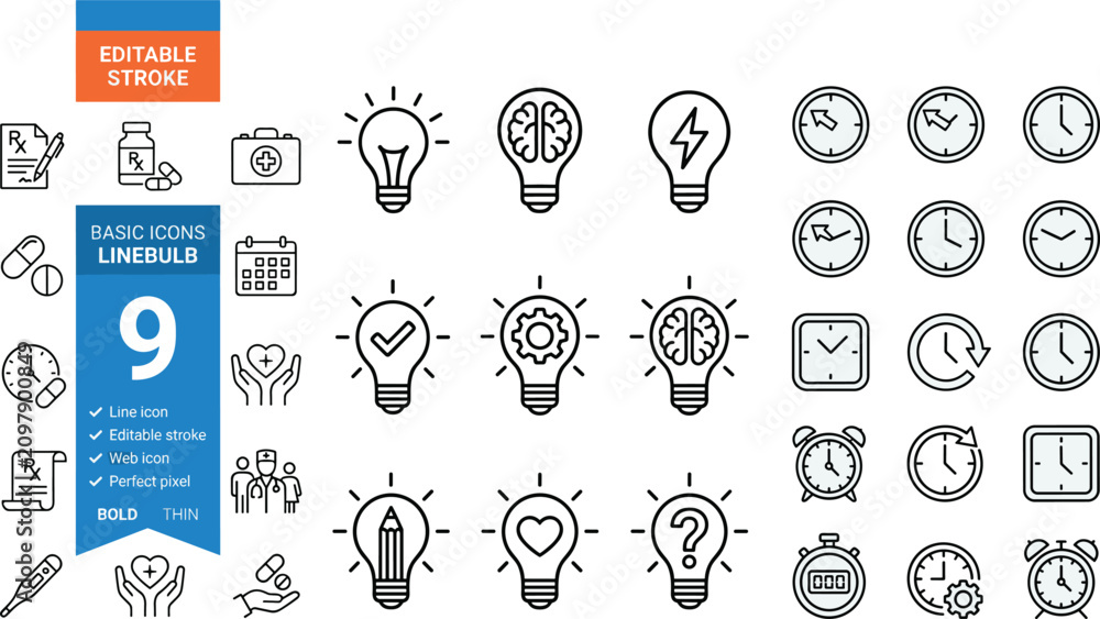 Fototapeta premium Line Icons Set – Editable Stroke Bulb, Clock, Medical & Idea Icons Collection