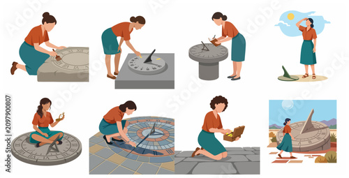 Collection of flat illustrations showing a woman interacting with various sundials, measuring time using solar shadows and ancient instruments.