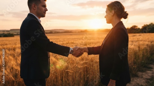 Businessman and businesswoman shaking hands in a golden wheat field at sunset, representing a successful agricultural business deal and partnership agreement