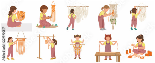 Little girl character creating macrame wall hangings, set of illustrations showing various steps of fiber art craft like knotting, weaving, and cutting.