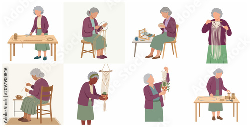 Collection of Illustrations of Elderly Woman Enjoying Macrame Crafting and Weaving at Home