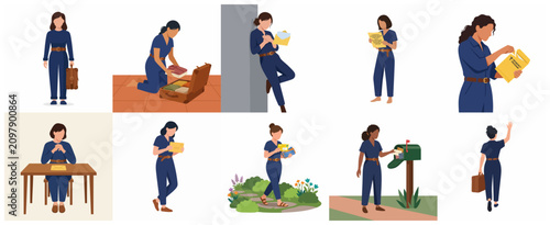 Set of Flat Vector Illustrations of a Young Woman Packing, Traveling, and Receiving Letters, Expressing Emotions and Life Transitions