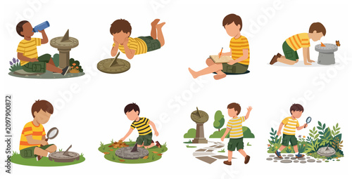 Set of vector illustrations of a curious boy exploring and learning about ancient timekeeping with sundials in various outdoor settings.