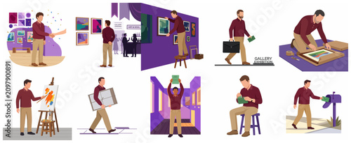 Professional Art Gallery Exhibition Process Illustration Set Featuring Artist Painting, Packaging, Sending Invitations, and Opening Night Event