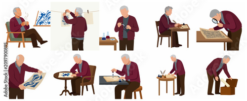Elderly Man Character Set Engaged in Various Artistic Hobbies Painting Writing and Creating Crafts