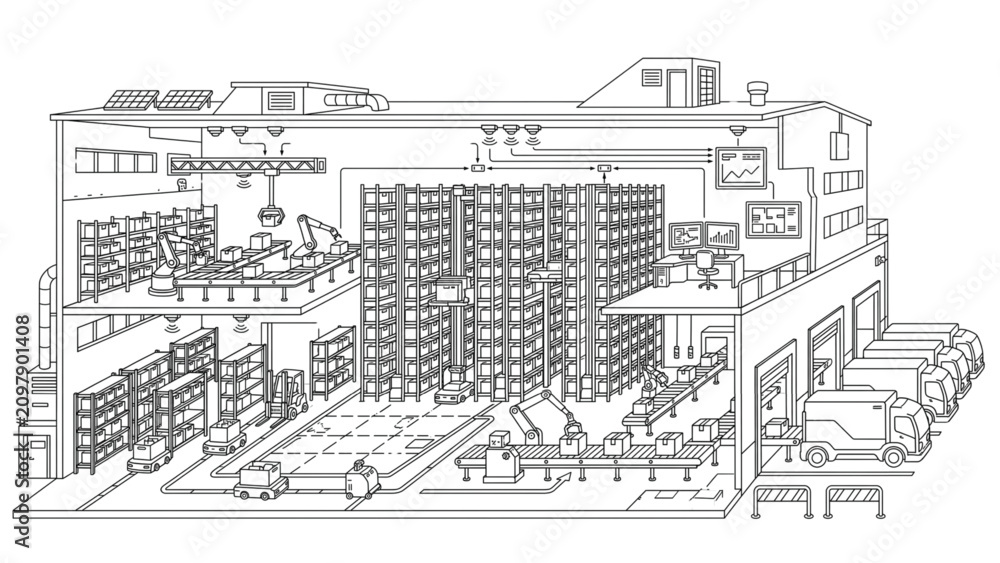 Obraz premium Elevation View Smart Warehouse Logistics Vector, Futuristic Robot Automation, Inventory Packing Shipping Tracking Workflow Clean Outline CAD Illustration