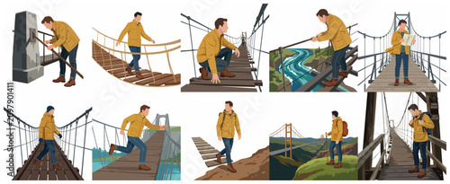 Vector illustration set of a man in a yellow jacket exploring, walking, and running across various suspension and rope bridges in nature.