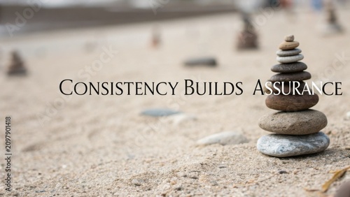 Stacked Stones on Sandy Beach Symbolizing Consistency and Assurance in Nature and Life Balance Through Simple Elements