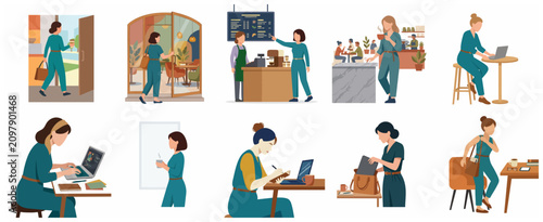 Modern Flat Vector Illustration Set of a Professional Woman's Daily Routine and Remote Work Lifestyle in a Cafe and Office Environment