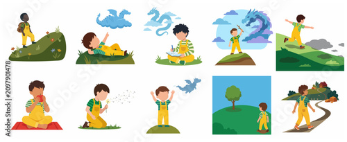Collection of flat vector illustrations depicting a little boy's childhood adventures, creative imagination, and outdoor activities like playing, dreaming, and exploring.