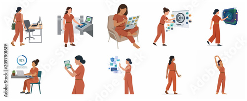 Professional woman in orange jumpsuit character set performing cybersecurity, data management, office work, and digital technology tasks in flat vector illustration style