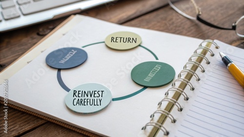 Strategic Investment Cycle with Focus on Reinvestment, Returns, and Success on a Notebook with a Pen and Glasses