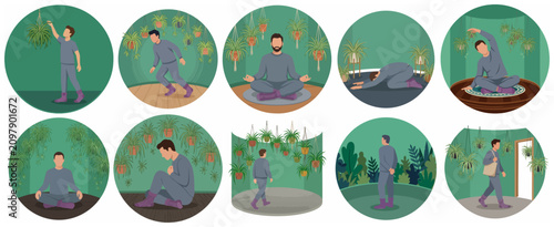 Set of Illustrations of a Man Practicing Mindfulness and Yoga Among Indoor Plants for Mental Wellness and Relaxation