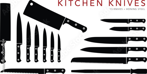 Photos Kitchen knives set black silhouettes featuring chef cleaver utility paring bread