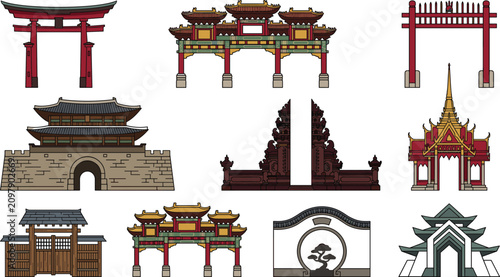 Obraz na płótnie Asian Architecture Landmark Collection with Torii Gate, Chinese Paifang, Korean