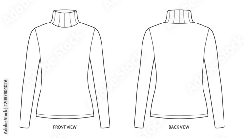 Turtleneck long sleeve top flat technical drawing illustration high neck streetwear mock-up template for design and tech pack women unisex men