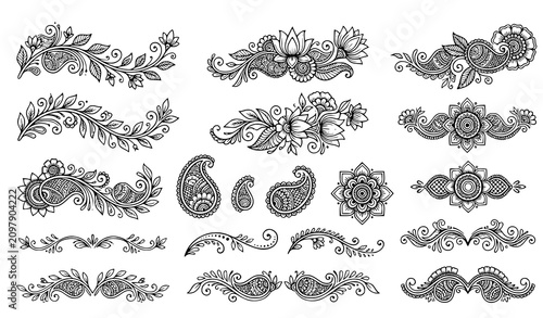 Henna mehndi vector collection featuring floral line art borders, paisley motifs, decorative dividers, swirl vines, lotus flowers, and ethnic ornament graphic elements.