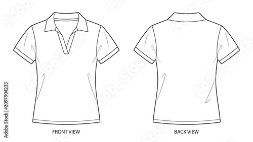 Polo collar short sleeve shirt flat technical drawing illustration v-neck streetwear mock-up template for design and tech pack men unisex women