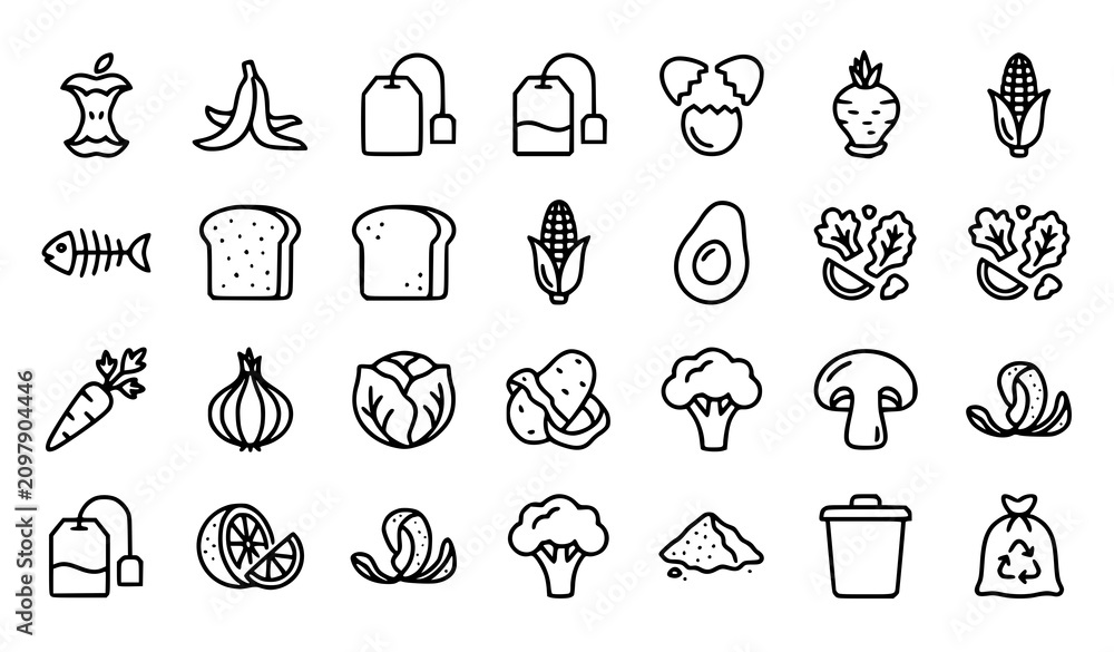 Fototapeta premium Food Scraps and Organic Waste Outline Icon Set – Kitchen Compost and Raw Ingredient Vector Collection