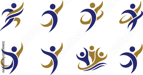 Konstfotografi Abstract human figures in blue gold design, teamwork celebration dance movement
