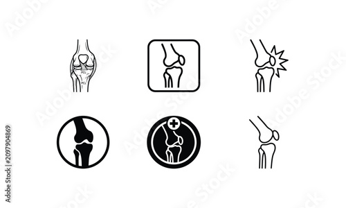 Knee joint anatomy icon set for medical and orthopedic study.