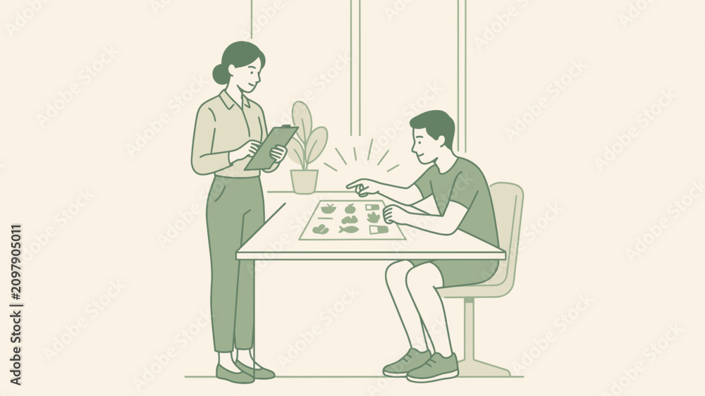 Fototapeta premium Health professional reviewing nutritional data and food selections with a patient using a visual dietary guide in a minimalist clinical environment
