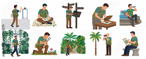 Konstfotografi Set of flat vector illustrations of male botanists and naturalists studying plants, sketching in nature, and exploring botanical gardens and greenhouses