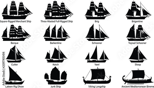 Foto Sailing Ships and Historical Vessels Silhouette Icons Set for Maritime History,