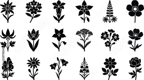 Foto Wildflowers and Alpine Flowers Silhouette Icons Set for Floral Decoration, Botan