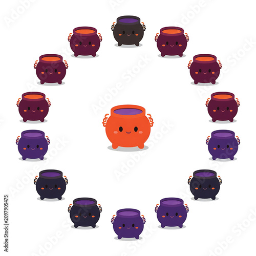 Cute Halloween witch cauldrons circle frame vector illustration