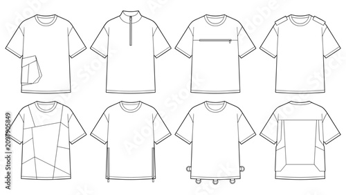 techwear t shirt technical sketch with cargo pockets and d ring details vector cad drawing template