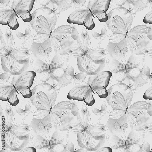 фотографія Abstract nordic print with butterfies, geometric shapes  on grey background