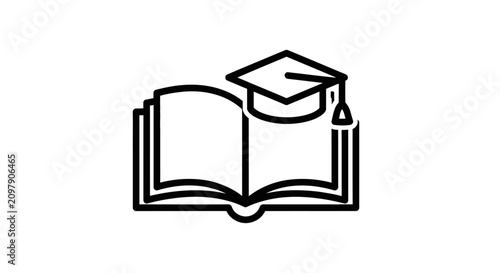Simple line art open book and graduation cap.