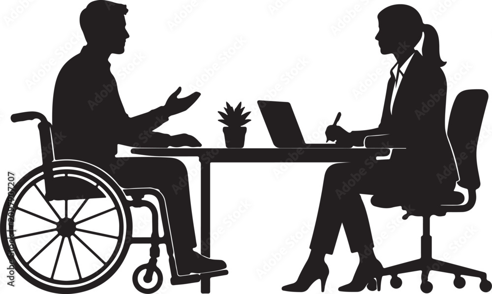 Fototapeta premium Silhouette of a man in a wheelchair having a business meeting with a woman Vector