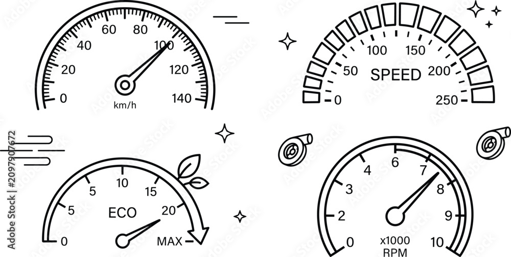 Naklejka premium Car Speedometer and Tachometer Gauge Vector Icon Set with Eco Performance Indicator Symbols