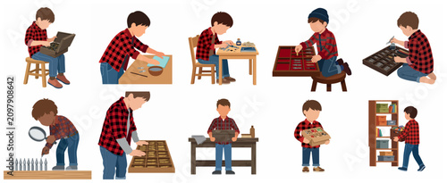 Schilderij op canvas Illustration set of a young boy engaged in a vintage pen nib collection hobby, including sorting, cleaning, and organizing various calligraphy nibs
