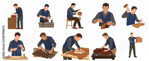 Bild auf Leinwand Leather craftsman character set working in workshop flat vector illustration
