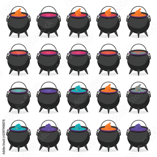 Halloween witch cauldrons set with colorful magic potions vector illustration