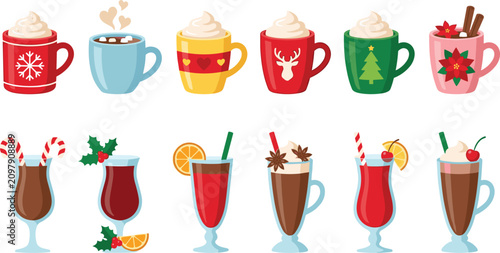 Foto Christmas Winter Hot Drink Vector Set with Hot Chocolate Eggnog Coffee Mulled Wi