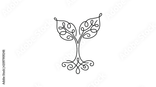 Elegant Continuous Single Line Drawing of a Minimalist Decorative Tree Sapling with Swirls and Botanical Flourish Elements on a Plain White Background