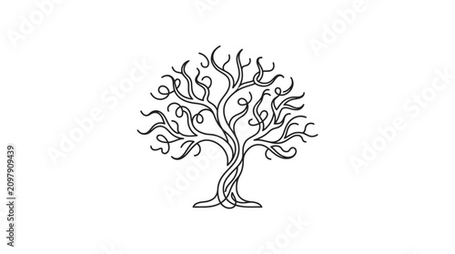 Elegant and intricate illustration of a stylized tree of life, featuring swirling branches and roots, symbolizing growth, harmony, and natural beauty