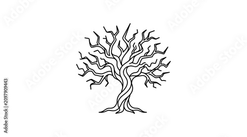 Twisted leafless tree line art illustration isolated on white background for nature graphic design projects