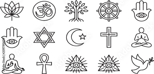 World Religions icon set. Editable line icons. Vector illustration.
