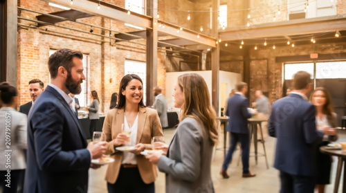 Group of professional colleagues networking and socializing at a corporate business event in a modern industrial office space