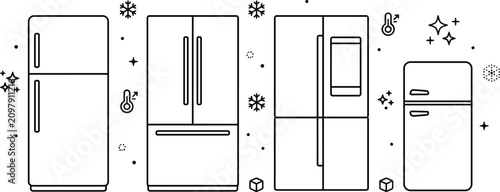 Bild auf Leinwand Refrigerator and kitchen fridge line art vector icon collection for home applian