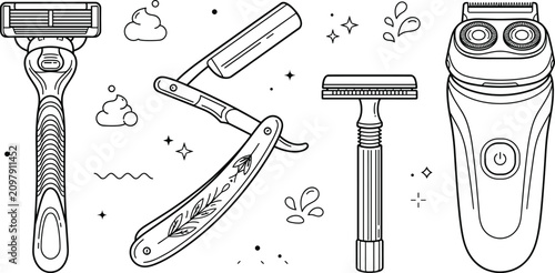 Bild auf Leinwand Shaving razor and electric shaver tools line art vector icon collection for barb