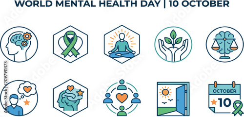 Mental Health Awareness icon set. Editable line icons. Vector illustration.
